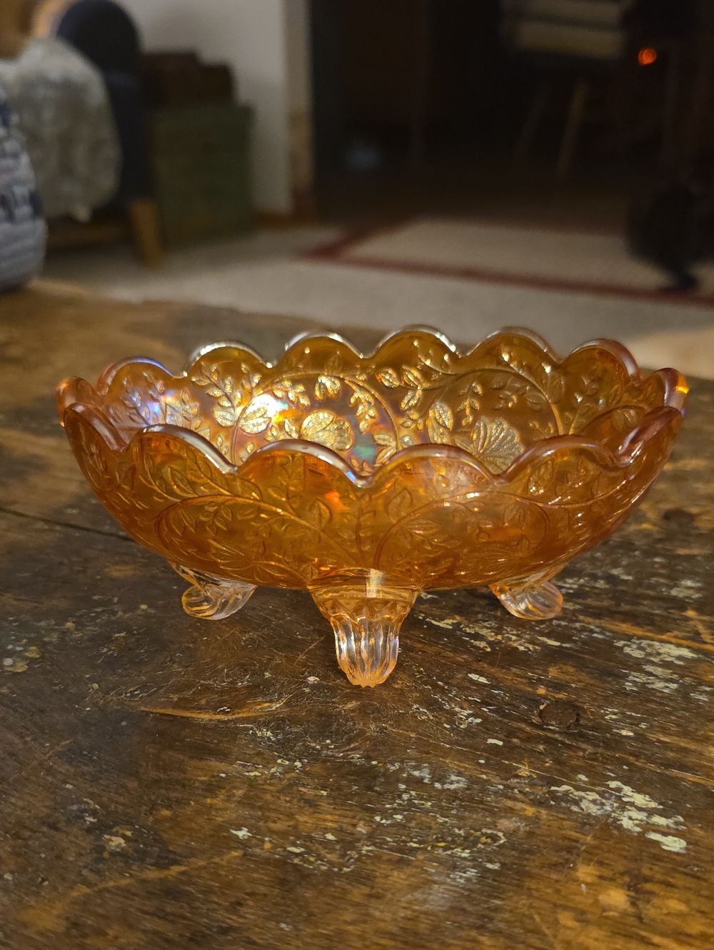 Jeanette Glass Amber Iridescent Glass Footed Bowl - Home Art